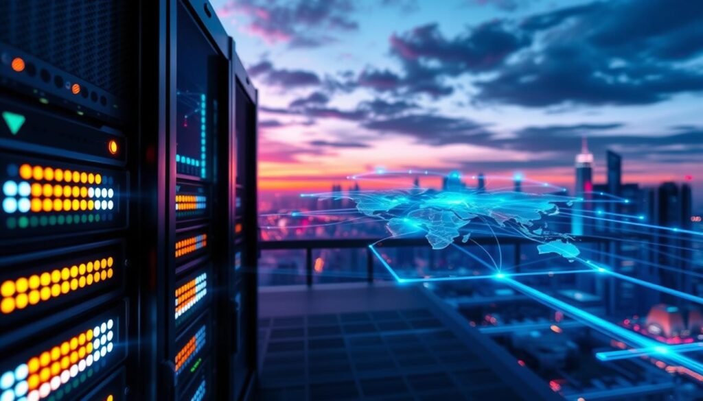 A detailed, high-tech illustration of a cloud gaming server location. In the foreground, a sleek, modern server rack with glowing LED lights, showing advanced technology and intricate wiring. The middle ground features a digital map displaying strategic server locations with data flow lines indicating latency levels, highlighted in vibrant colors. In the background, a city skyline at dusk with fiber optic lights representing connectivity. Capture a sense of dynamism and urgency, with soft blue and purple lighting creating a futuristic atmosphere. Use a slightly elevated angle to provide depth, emphasizing the importance of optimal server location in enhancing gaming performance, without any text or additional elements.