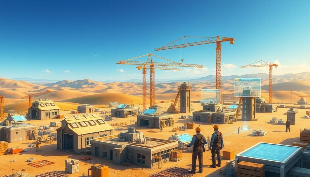 A detailed illustration of an innovative Real-Time Strategy (RTS) base construction scene. In the foreground, show a dynamic construction site with modular buildings being assembled, showcasing various structures like barracks, resource depots, and defensive towers. In the middle ground, depict workers in professional attire collaborating efficiently, using futuristic tools and holographic displays to plan and optimize building layouts. The background features a vibrant landscape with rolling hills and a distant horizon, under a clear blue sky. Utilize warm, natural lighting to create an inviting atmosphere, capturing the essence of teamwork and strategic planning. The perspective should be slightly elevated, offering a comprehensive view of the bustling construction activities within the RTS environment.