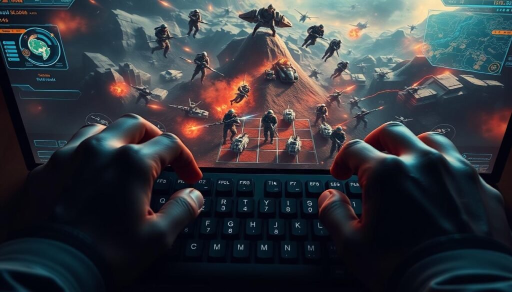 A dynamic scene featuring a top-down view of a real-time strategy (RTS) game interface. In the foreground, a user’s hands are positioned on a keyboard, with fingers poised on specific shortcut keys, demonstrating control and precision. The middle ground shows a vibrant battlefield with animated units, including soldiers and vehicles, engaging in movement and combat. The background depicts a high-tech digital landscape, full of maps and tactical overlays, illuminated by soft, dramatic lighting emanating from an on-screen display. The atmosphere conveys tension and strategic planning, with a focus on the action-packed essence of RTS gameplay, in a professional and engaging manner. The image should be crisp and detailed, capturing the excitement of mastering movement and attack shortcuts in the game.