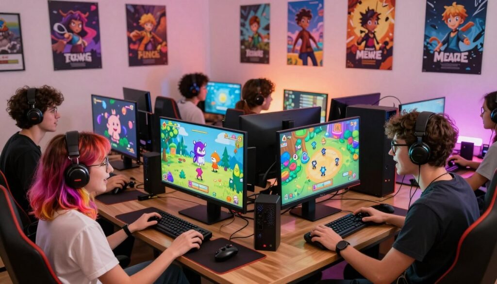 A vibrant, engaging scene showcasing an imaginative indie game concept. In the foreground, a diverse group of young gamers, including a woman with colorful hair and a man with glasses, are intently playing video games on modern consoles. Their expressions reflect excitement and curiosity. In the middle ground, screens display unique indie game graphics featuring whimsical creatures and innovative gameplay mechanics, all infused with bright colors and playful designs. The background is a cozy gaming room with posters of indie game art. Soft, warm lighting enhances a friendly, inviting atmosphere, while a wide-angle view captures the energy of this creative gaming environment. The overall mood is enthusiastic and inspiring, highlighting the freshness and originality of indie games.